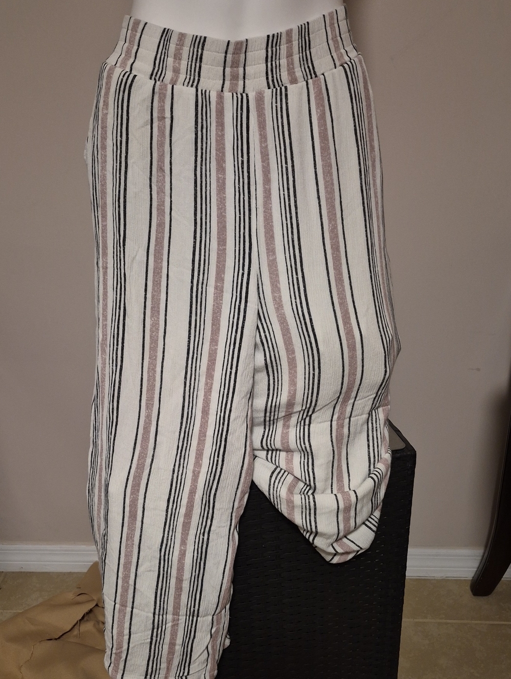 AB Studio Striped Wide-Leg Pants in White, Taupe & Black